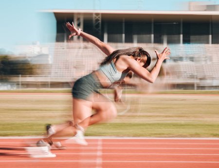 Photo for Action, race and women athlete running a sprint in competition or fitness game training as energy wellness on track. Sports, stadium and athletic person or runner exercise, speed and workout. - Royalty Free Image