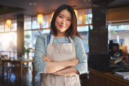 Photo for Portrait, asian woman and small business entrepreneur of restaurant with arms crossed for professional service. Cafeteria server, coffee shop waitress or confident manager working in hospitality. - Royalty Free Image