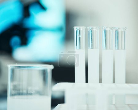 Photo for Test tube, chemistry and science, chemical in laboratory with medical research and innovation, closeup and future. Liquid solution in glass container, scientific study and pharmacy with investigation. - Royalty Free Image