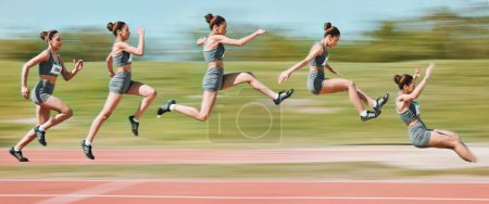 Photo for Sports, long jump and sequence of woman on race track in stadium for exercise, training and workout. Fitness, fast and female athlete in action with motion blur for challenge, competition and jumping. - Royalty Free Image