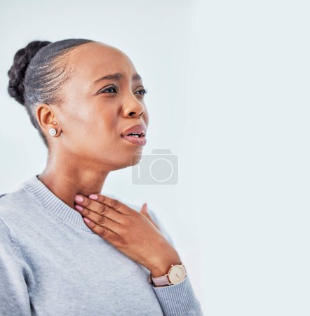 Photo for Sick, mockup and black woman with sore throat in studio for influenza, cold or allergies on white background. Cough, tuberculosis and African lady with chest, infection or breathing, lung or problem. - Royalty Free Image