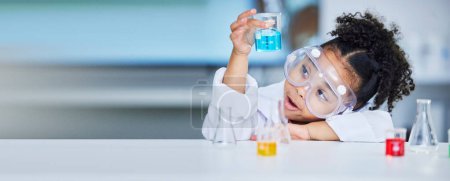 Photo for Chemistry, science and a child with liquid for research, futuristic innovation or project for education. Surprise, physics and a girl or young scientist with a test to study water for learning. - Royalty Free Image