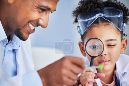 Photo for Lab test, father and child with magnifying glass for learning, research and science study. Scientist, student and chemistry project with a happy dad and young girl with medical and laboratory analysi. - Royalty Free Image