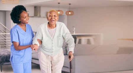 Nurse, portrait and senior black woman with cane, help and smile in home. Caregiver, support and elderly patient with a disability, walking stick and kindness in assistance, empathy and healthcare.