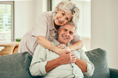 Photo for Portrait, smile or old couple hug in house living room bonding together to relax on holiday for love. Support, happy or senior man in retirement with a mature woman with trust or care in marriage. - Royalty Free Image
