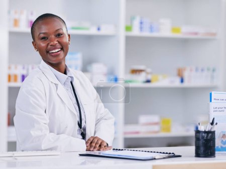 Photo for Pharmacist portrait, woman and counter for healthcare, medicine and clinic solution, services and support. Happy african person in pharmacy for drugs, medical product and inventory or retail mindset. - Royalty Free Image