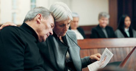 Photo for Couple, funeral or sad old man crying in church for God, healing or comfort in Christian community. Elderly woman, depressed or support for an upset mature person in chapel for grief, loss or death. - Royalty Free Image