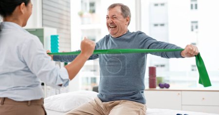 Photo for Physiotherapy, stretching band and senior man for doctor support in physical therapy, rehabilitation or healthcare. Medical woman or chiropractor consulting elderly patient for muscle health services. - Royalty Free Image