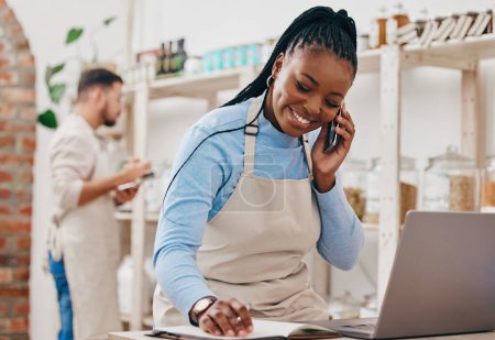 Photo for Black woman, cashier and phone call with networking and inventory check for retail store. Happy, shop management and mobile with communication and discussion about small business and supply chain. - Royalty Free Image