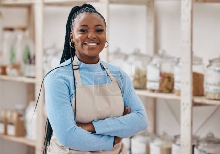 Photo for Supermarket, grocery store and portrait of black woman with crossed arms for service in eco friendly market. Small business, sustainable shop and manager smile for groceries, products or organic food. - Royalty Free Image
