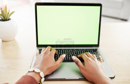 Photo for Laptop, mockup and hands of woman in home office for remote work, internet or search from above. Space, screen and keyboard with freelance female influencer for social media, blog or podcast startup. - Royalty Free Image