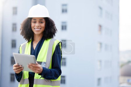 Photo for Tablet, engineering and portrait of woman outdoor for construction, development or plan. African engineer person and technology for project management, city maintenance or building inspection space. - Royalty Free Image