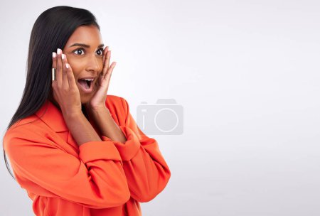 Photo for Surprise, fashion and beauty with woman and space in studio for news, announcement and giveaway. Deal, shocked and wow with face of person on white background for secret, discount and sale mockup. - Royalty Free Image