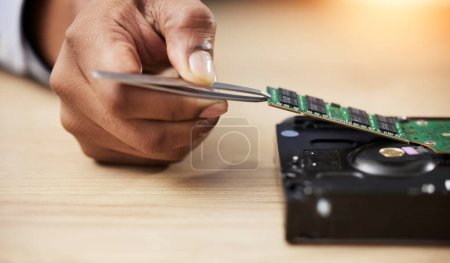 Photo for Motherboard, microchip and engineer hands closeup with electric maintenance of circuit board. Tweezer, IT and dashboard for electrical hardware update and technician tools for information technology. - Royalty Free Image