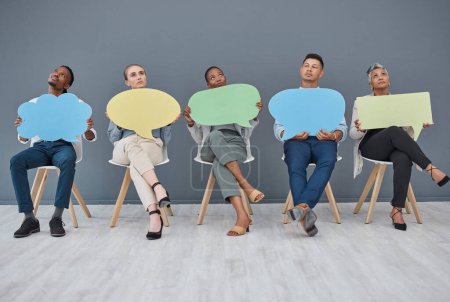 Photo for Thinking, office and business people with a speech bubble for social media, chat or contact information. Mockup, sitting and diversity of employees with a board for ideas, communication or opinion. - Royalty Free Image