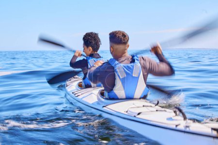 Photo for Water, man and woman in kayak for race on lake, beach or river for exercise together on vacation. Ocean holiday, adventure and fitness, couple in canoe for training workout in teamwork on blue sky - Royalty Free Image