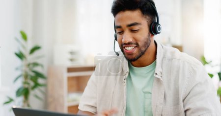 Photo for Explaining, remote work and call center worker with a laptop for online advice and conversation. Contact us, consultant and man speaking for customer service, support and telemarketing on a computer. - Royalty Free Image