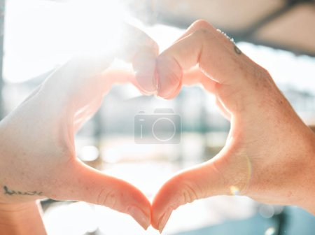 Photo for Health, heart and support with hands of person for motivation, thank you and kindness. Love, mindfulness and wellness with closeup of woman and gesture for emoji icon, respect and care sign. - Royalty Free Image