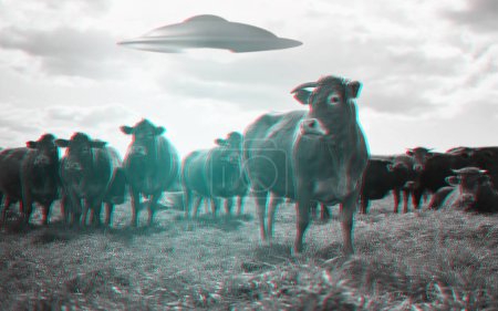 Téléchargez les photos : Alien, vaisseau spatial et ovni avec vache à la ferme pour la fantaisie, la science-fiction et l'invasion spatiale. Rayon extraterrestre, rural et soucoupe volante sur ranch bovin pour découverte, enlèvement et mystère. - en image libre de droit