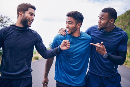 Photo for Happy, men and friends with smile for fitness, workout and running outdoor with a handshake. Exercise, training and sports with funny joke and comedy together in nature with an athlete with wellness. - Royalty Free Image
