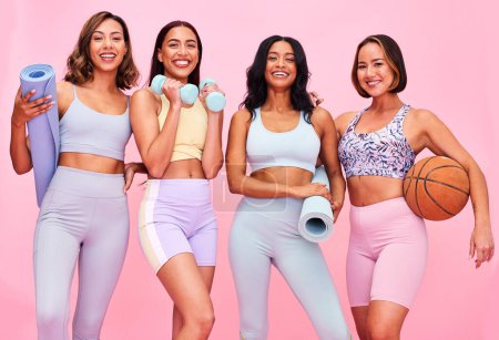 Photo for Fitness, girl friends and happy portrait with fitness, workout and sport training gear in studio. Women, diversity and group with pink background and smile with exercise and healthy body wellness. - Royalty Free Image