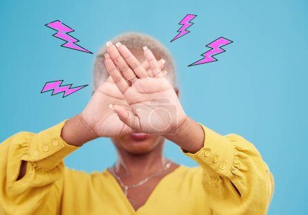 Photo for Hands, lightning graphic and a woman on a blue background for stop or rejection. Block, no and person with a gesture and technology abstract, anger or frustrated at internet speed or connection. - Royalty Free Image