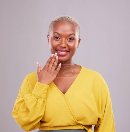 Photo for Smile, hand and portrait of a black woman on a studio background for a surprise, gesture or showing. Happy, fashion and an African person or girl with nails for a manicure isolated on a backdrop. - Royalty Free Image