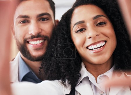 Photo for Pharmacy team, selfie and portrait of people for social media, profile picture and clinic website. Healthcare, pharmaceutical and man and woman take photo for wellness, medicine and medical service. - Royalty Free Image