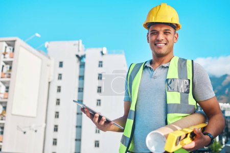 Photo for Architect equipment, tablet and portrait of happy man, contractor or constructor with construction site floor plan. Civil engineering, city job and engineer smile for architecture project management. - Royalty Free Image