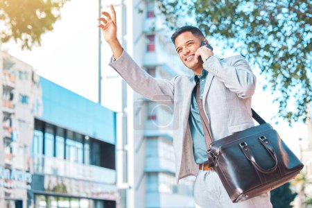 Photo for Phone call, taxi and business man in city wave for cab service, journey and transportation in street. Travel, communication and person in town talking on smartphone for morning commute to meeting. - Royalty Free Image