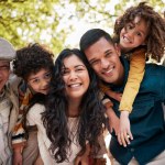 Nature park, portrait and big family smile for outdoor wellness, bonding and connect on Mexican vacation. Forest, face and relax children, parents and grandparents happy for love, garden and support.