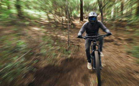 Photo for Bike, man in forest and speed blur in workout outdoor in woods for healthy body. Mountain bicycle, nature and fast athlete training, cycling or off road adventure on journey, exercise or sport travel. - Royalty Free Image