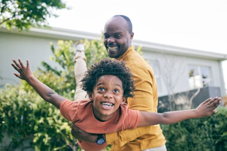Photo for Airplane, garden or child playing with father to relax or bond as a black family with love or care, Smile, flying or excited African dad with a kid to enjoy fun games on holiday toogether in backyard. - Royalty Free Image