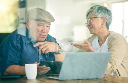 Photo for Tablet, laptop or old couple on social media for communication, website or internet connection. People, talk or senior woman with an elderly man online to scroll on streaming technology app at home. - Royalty Free Image