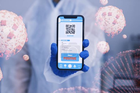 Photo for Hand, phone screen and qr code for positive covid test, gloves for safety, health or dna hologram. Scientist, virus particle and smartphone for 3D holographic overlay for results, app or ppe for scan. - Royalty Free Image