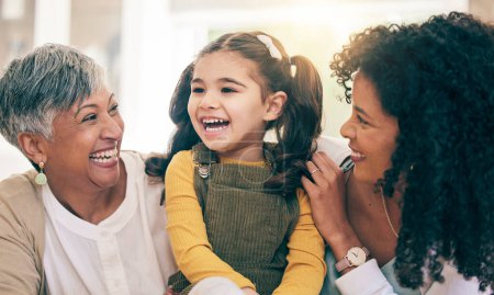 Photo for Child, mother and grandma laughing in a family home with happiness, love and support. Girl kid, mature woman and parent relax together for adoption of daughter with joy in living room for visit. - Royalty Free Image