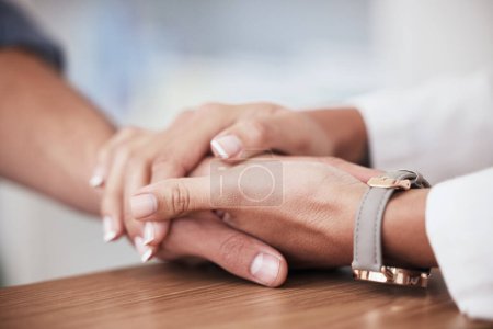 Photo for Psychology consultation, therapist holding hands and person support client with mental health anxiety, depression or healthcare. Care, empathy and kindness of closeup psychologist helping patient. - Royalty Free Image