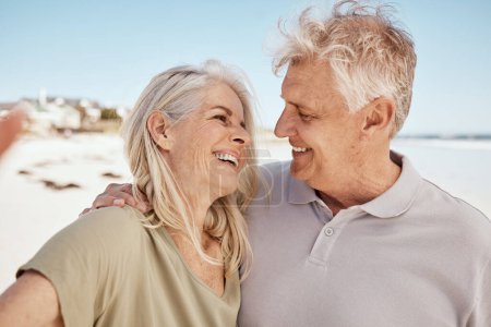 Photo for Selfie, love and senior couple at the beach on romantic anniversary vacation, holiday or adventure. Travel, smile and happy elderly man and woman taking picture together by the ocean on weekend trip - Royalty Free Image