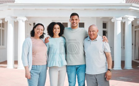 Photo for Happy, new home and portrait of generations of family standing outdoor of their property or real estate. Smile, love and young man and woman homeowners with their senior parents by a modern house - Royalty Free Image