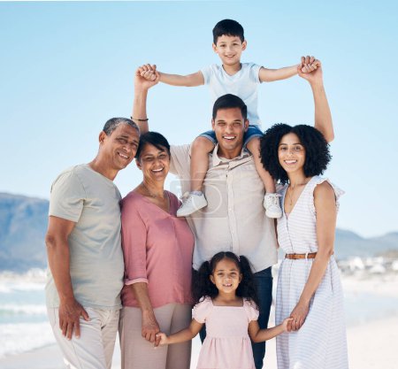 Photo for Beach, portrait and parents, grandparents and children together with smile, love and blue sky on summer holiday in Mexico. Happy family, men and women with kids on ocean holiday travel in nature - Royalty Free Image