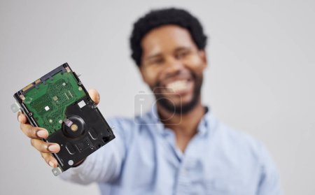 Photo for Black man, circuit board in hand and computer hardware, technician with maintenance and electronics upgrade. Motherboard, closeup and CPU, engineering and electric repair with technology and digital. - Royalty Free Image