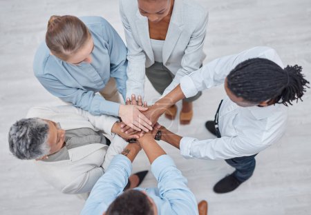 Photo for Hands stack, group circle and business people celebrate community cooperation, synergy or corporate meeting. Top view, project collaboration or staff partnership, solidarity and team building support. - Royalty Free Image