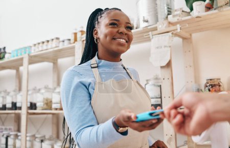 Photo for Sustainable shop, woman cashier and credit card with store and electronic transaction with small business. Worker smile, entrepreneur and happy African person with retail employee and shopping pay. - Royalty Free Image