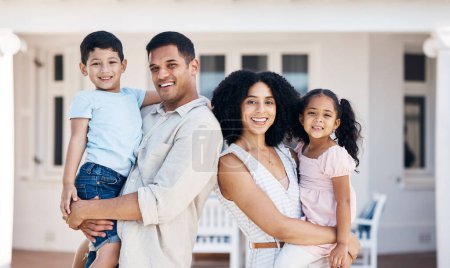 Photo for New home, parents and portrait of children for house, property mortgage and real estate investment. Homeowner, happy family and mother, father and kids excited for moving day, relocation and rental. - Royalty Free Image
