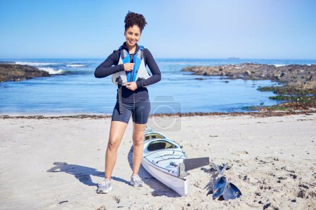 Photo for Portrait, kayak and woman with a smile, beach and fitness with training, health and wellness. Person, athlete and girl with water sports, exercise or seaside with getaway, paddle and travel with trip. - Royalty Free Image