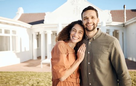 Photo for Portrait, couple and outdoor of new home, real estate and happy for moving to residential property. Man, woman and hug in garden of house for investment, mortgage loan and homeowner in neighborhood. - Royalty Free Image