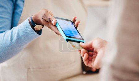 Photo for Credit card, store sale and hand with cashier, machine and transaction in a retail shop. People, ecommerce and shopping with electronic pay, fintech and customer with payment and financial tech. - Royalty Free Image