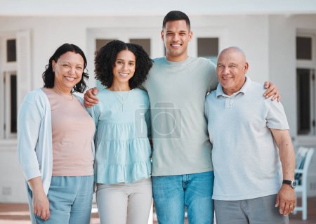 Photo for Love, new house and portrait of generations of family standing outdoor of their property or real estate. Smile, happy and young man and woman homeowners with their senior parents by a modern home - Royalty Free Image