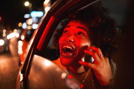 Photo for Happy black woman, phone call and car at night in city for communication, conversation or outdoor networking. African female person smile in travel or late evening on mobile smartphone in town street. - Royalty Free Image