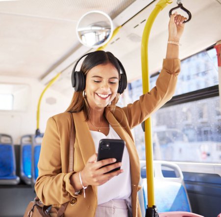 Photo for Bus, woman and phone headphones with public transport, social media scroll and smile with commute. Travel, music and internet app of a female professional on a mobile with networking on metro. - Royalty Free Image